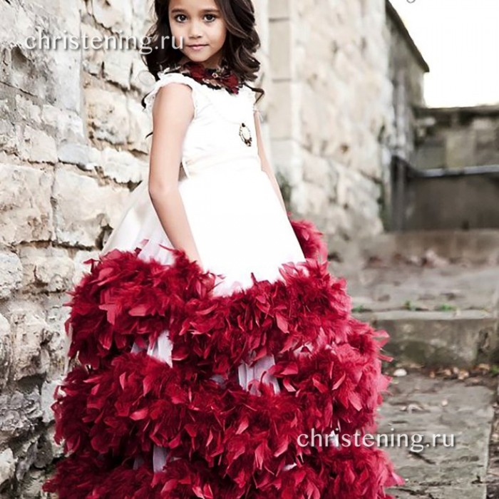 SARAH Girls Dress with Flowers, Lace & Boa Trim