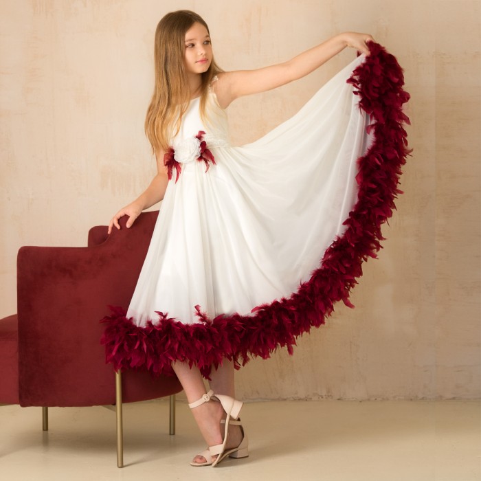 White Flowing Net Dress with Colorful Boa, Feathers & Bow