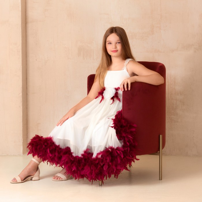 Ivory Flowing Dress with Colorful Feather Boa – Custom Special Occasion Dress
