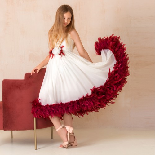 Ivory Flowing Dress with Colorful Feather Boa - CAMILA 