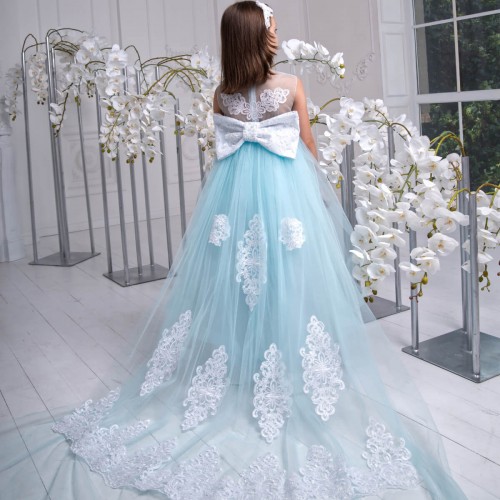 Flower Dress with Detachable Train, Bow and Headband - MIA