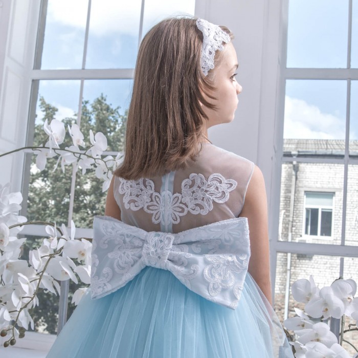  Flower Dress with Detachable Train, Lace Bow & Matching Headband