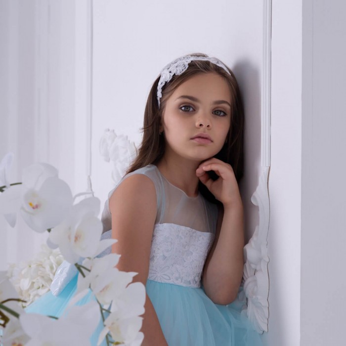 Flower Dress with Detachable Train, Lace Bow & Matching Headband