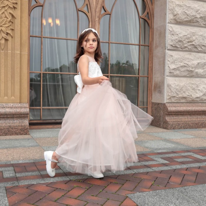 Pink Flower Girl Dress with Detachable Tulle Train, Lace Bow & Headband – 2-in-1 Special Occasion Look
