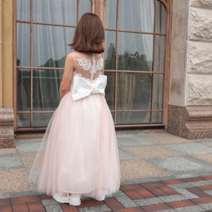 Pink Flower Girl Dress with Detachable Tulle Train, Lace Bow & Headband – 2-in-1 Special Occasion Look
