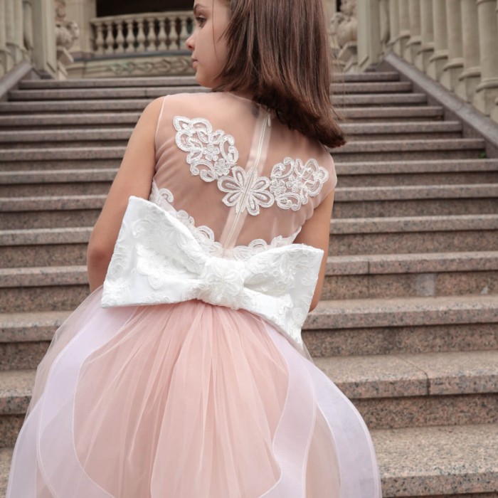 Pink Flower Girl Dress with Detachable Tulle Train, Lace Bow & Headband – 2-in-1 Special Occasion Look