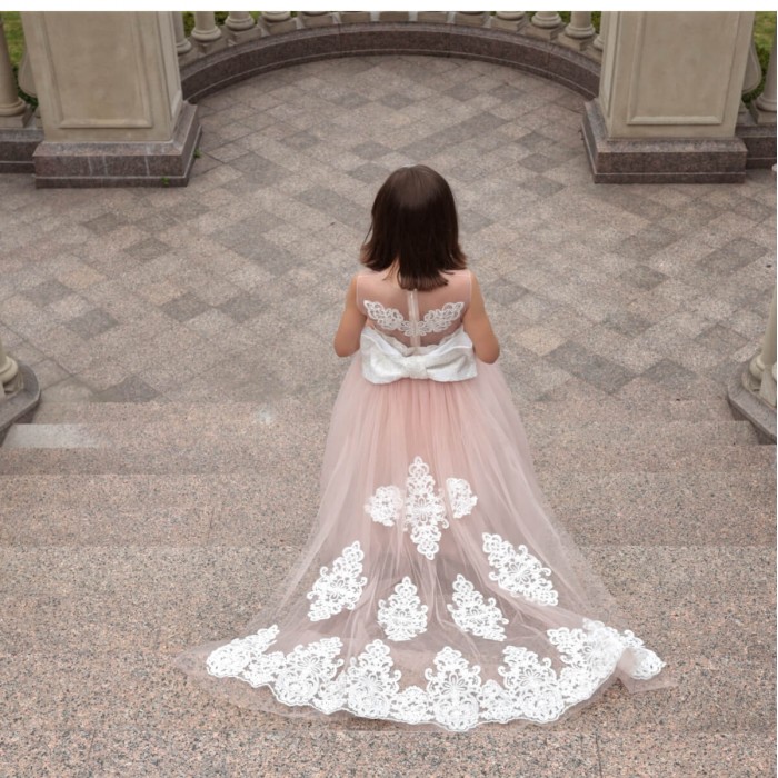 Pink Flower Girl Dress with Detachable Tulle Train, Lace Bow & Headband – 2-in-1 Special Occasion Look