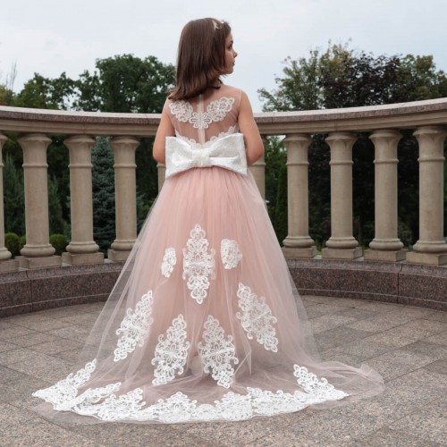 Pink Flower Dress with Train, Bow and Headband - OLIVIA