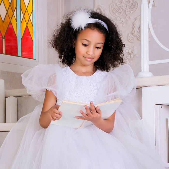 Flower Girl Dress with Lace Top & Tulle Skirt – Custom Wedding Dress for Girls in White or Ivory