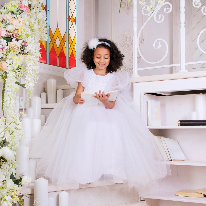 Flower Girl Dress with Lace Top & Tulle Skirt – Custom Wedding Dress for Girls in White or Ivory