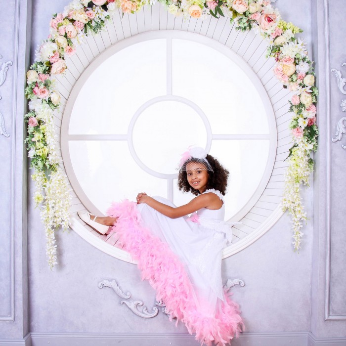 White Flowing Net Dress with Colorful Boa, Feathers & Bow