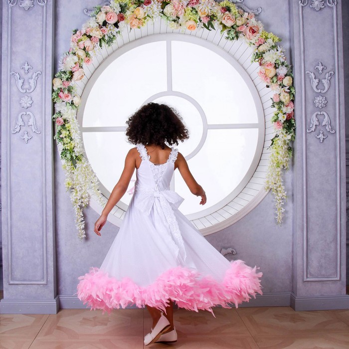 White Flowing Net Dress with Colorful Boa, Feathers & Bow