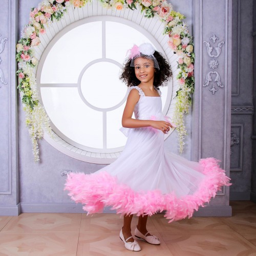 White Flowing Dress with Colorful Boa - MILA