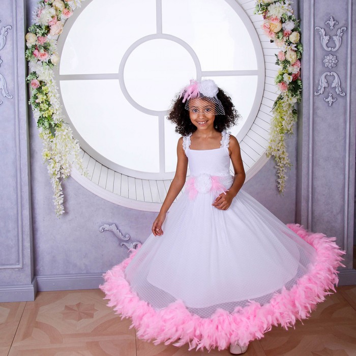 White Flowing Net Dress with Colorful Boa, Feathers & Bow