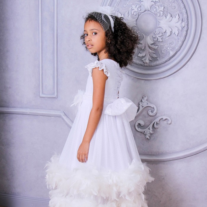 SARAH Girls Dress with Flowers, Lace & Boa Trim
