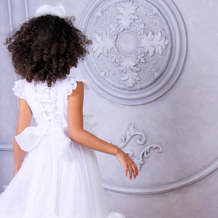 SARAH Girls Dress with Flowers, Lace & Boa Trim