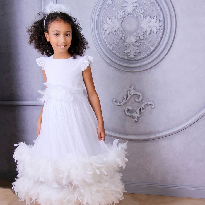 SARAH Girls Dress with Flowers, Lace & Boa Trim