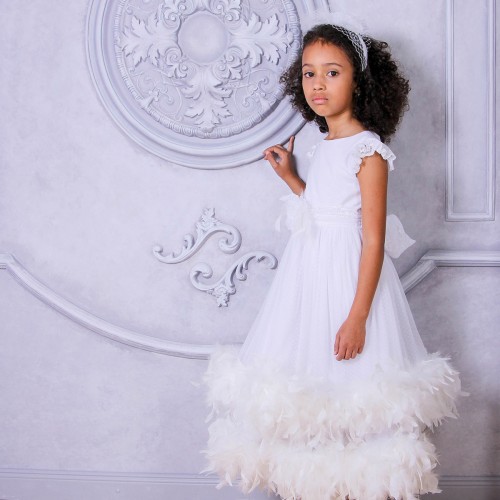Girls White Dress with Flowers, Lace & Boa Trim - SARAH