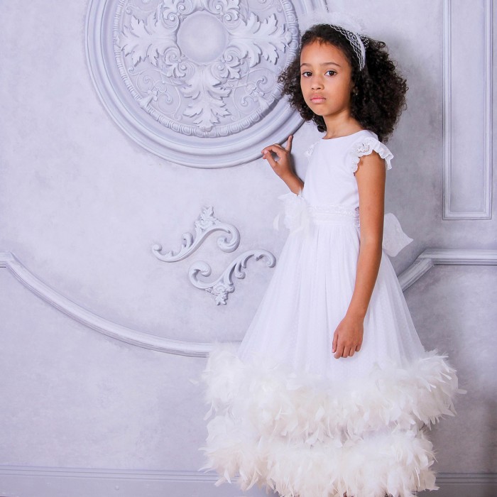 SARAH Girls Dress with Flowers, Lace & Boa Trim