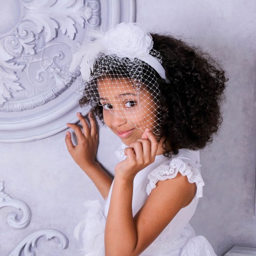 Headband with Flower, Veil & Feathers – Custom Color Option