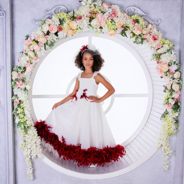 Ivory Flowing Dress with Colorful Feather Boa – Custom Special Occasion Dress