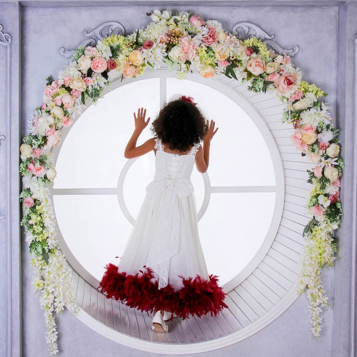Ivory Flowing Dress with Colorful Feather Boa – Custom Special Occasion Dress
