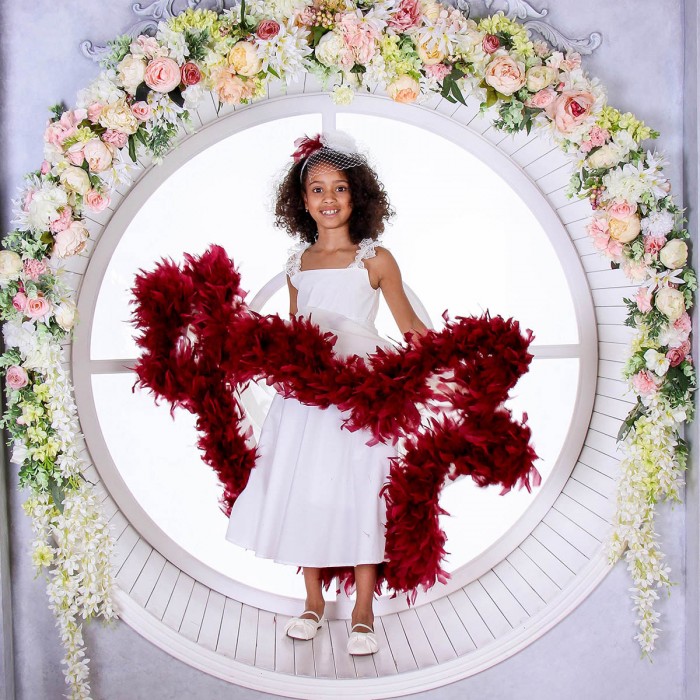 Ivory Flowing Dress with Colorful Feather Boa – Custom Special Occasion Dress