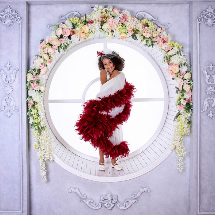 Ivory Flowing Dress with Colorful Feather Boa – Custom Special Occasion Dress