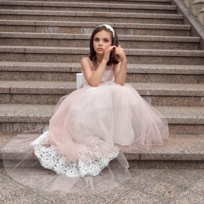 Pink Flower Girl Dress with Detachable Tulle Train, Lace Bow & Headband – 2-in-1 Special Occasion Look