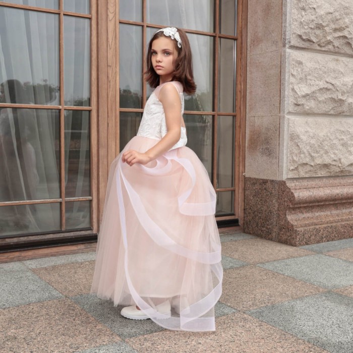 Pink Flower Girl Dress with Detachable Tulle Train, Lace Bow & Headband – 2-in-1 Special Occasion Look