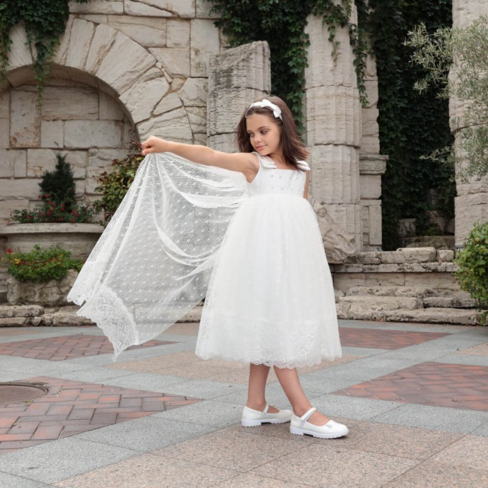 Ivory Cotton Flower Girl Dress with Detachable Queen Train – Lace Tulle Skirt & Satin Bow Details