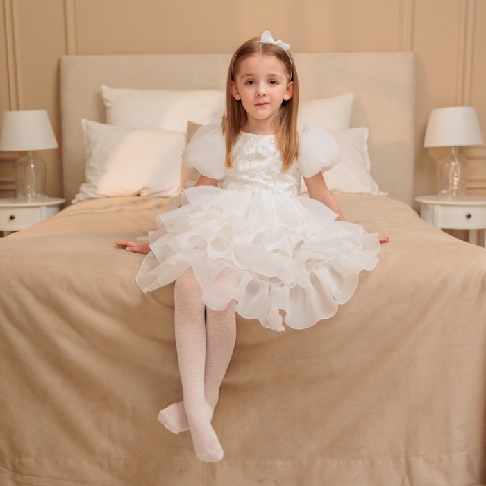Ruffle Skirt Dress with 3D Lace & Bow – Girls Special Occasion Outfit