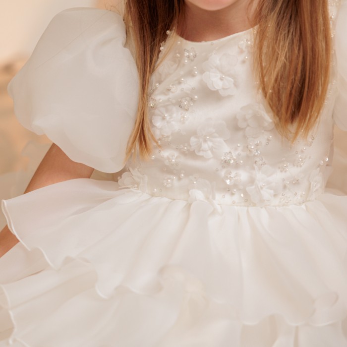 Ruffle Skirt Dress with 3D Lace & Bow – Girls Special Occasion Outfit