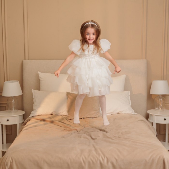 Ruffle Skirt Dress with 3D Lace & Bow – Girls Special Occasion Outfit