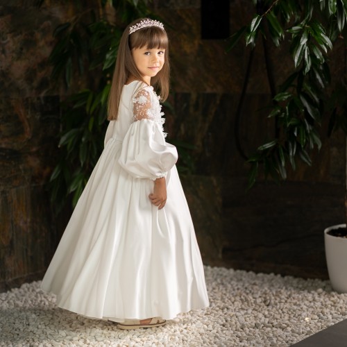 Ivory Silk Dress for Girls with Crown