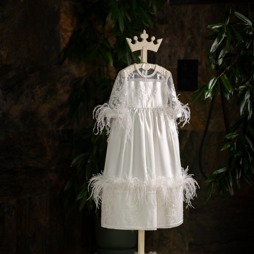 Ivory Flower Silk dress with Feathers - SOPHIA 