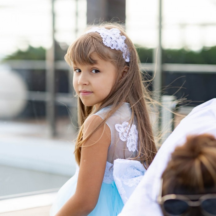  Flower Dress with Detachable Train, Lace Bow & Matching Headband