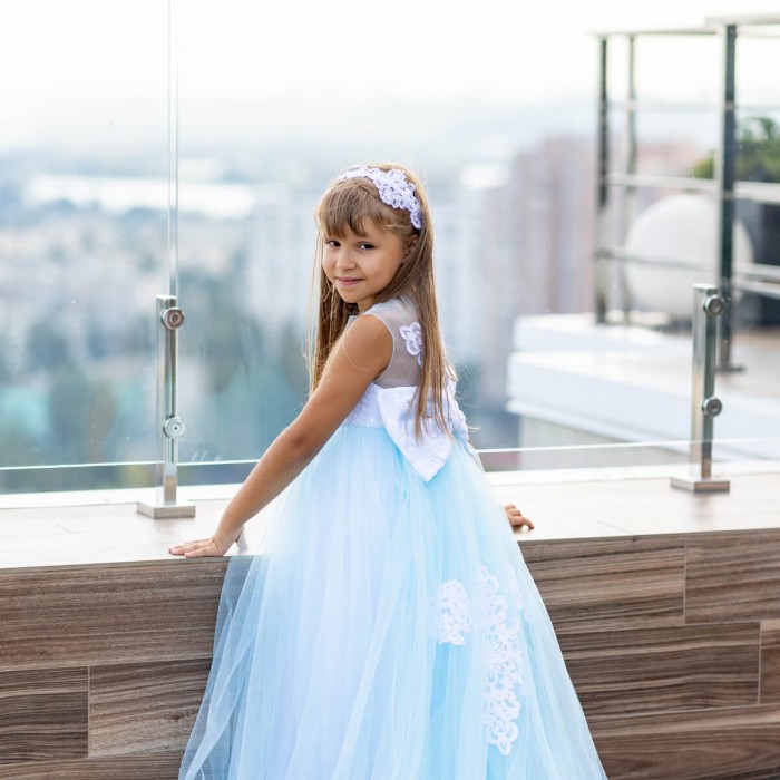  Flower Dress with Detachable Train, Lace Bow & Matching Headband