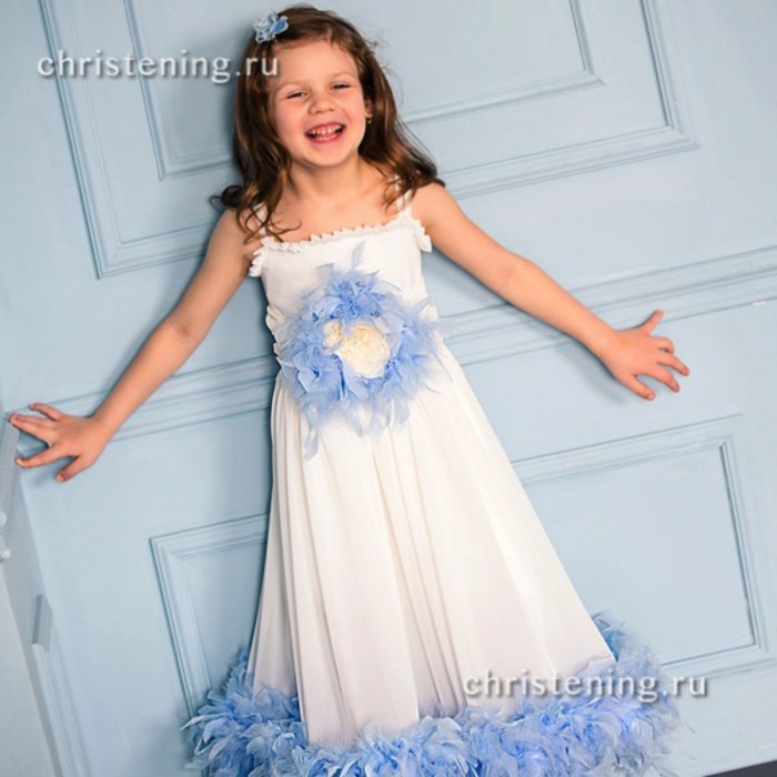 White Flowing Net Dress with Colorful Boa, Feathers & Bow