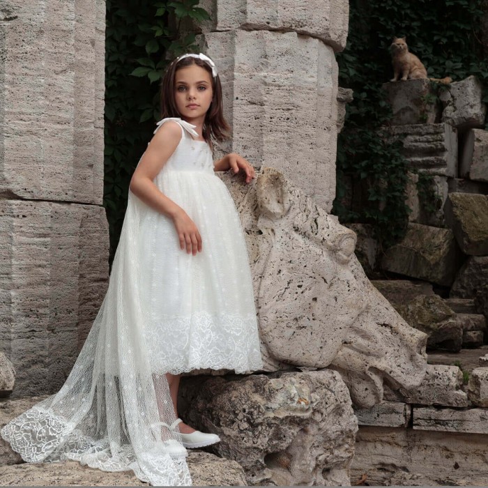 Ivory Cotton Flower Girl Dress with Detachable Queen Train – Lace Tulle Skirt & Satin Bow Details