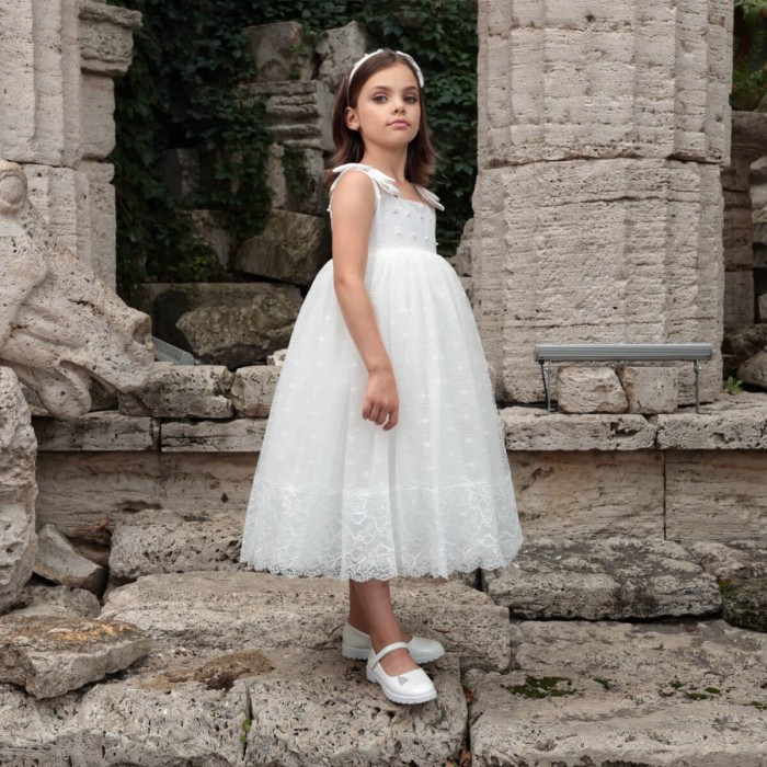 Ivory Cotton Flower Girl Dress with Tulle Skirt, Lace & Satin Bows
