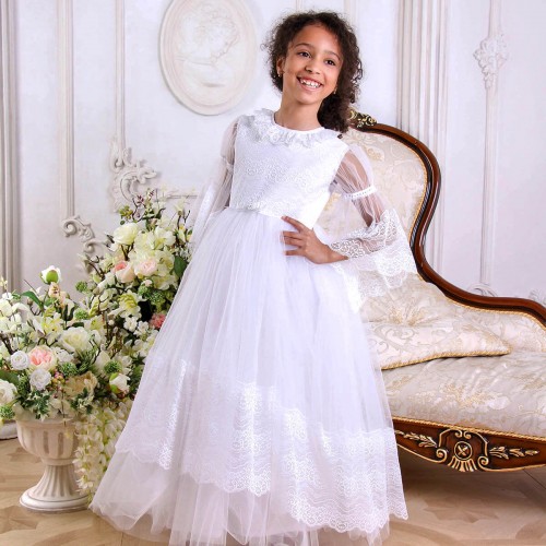 First Communion Dress - Italian Lace in Ivory Shade - ISABELLA 