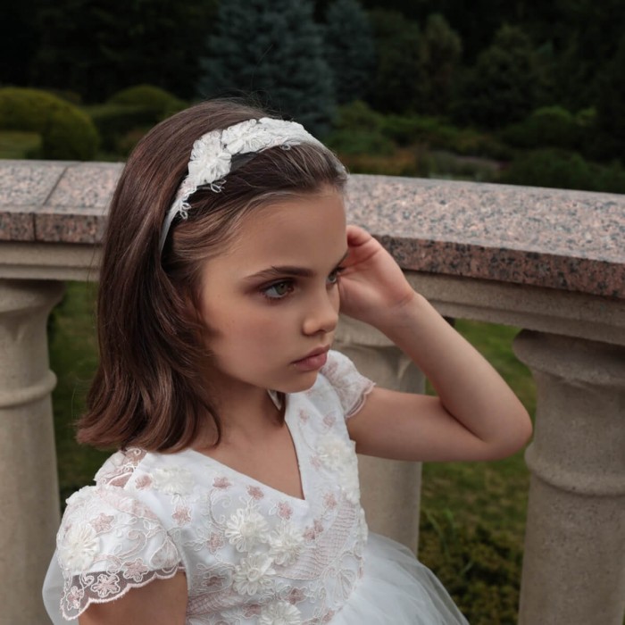 Light Ivory Dress with 3D Flowers, Detachable Tulle Bow & Headband