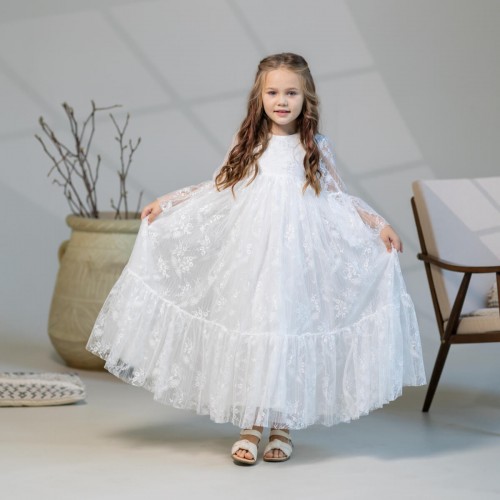 Communion Dress with Italian Lace and Long Sleeves - SARAH