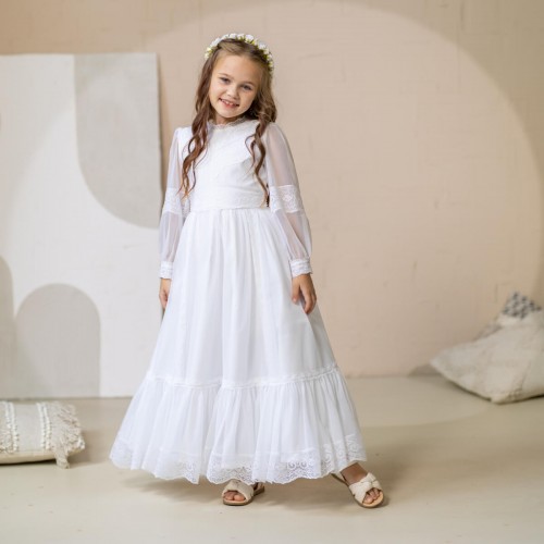 Holy Communion Dress - Lace White - Long Sleeve - JULLIET
