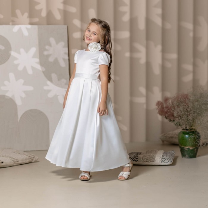 2-in-1 First Communion Dress – Silk & Lace Overlay | Ivory