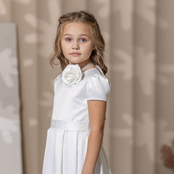 2-in-1 First Communion Dress – Silk & Lace Overlay | Ivory