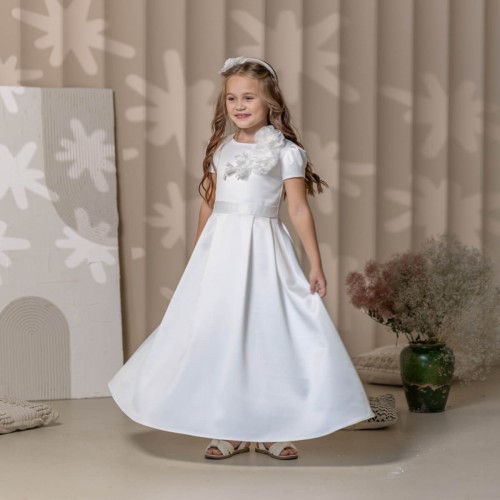 Silk Communion Dress Classic, Long or Short Sleeve - FREYA 