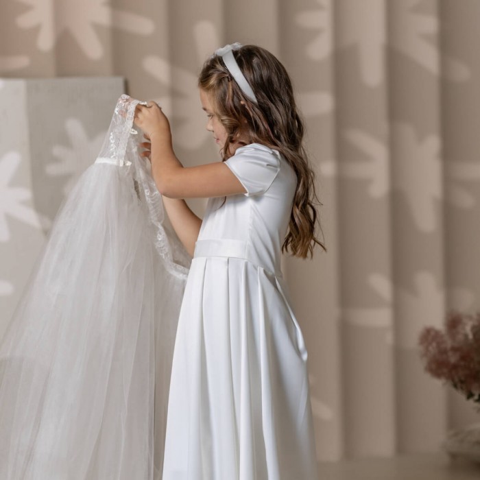 2-in-1 First Communion Dress – Silk & Lace Overlay | Ivory
