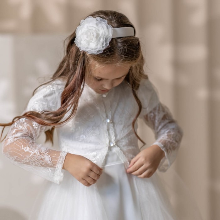 2-in-1 First Communion Dress – Silk & Lace Overlay | Ivory